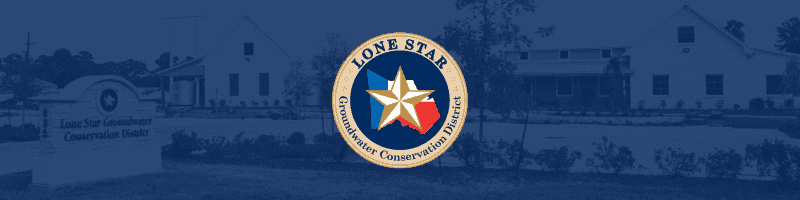 Seal style logo featuring Montgomery county boundaries with red white and blue regions aligned similar to Texas flag with a large gold lone star emblem overlayed. Text reads Lone Star Groundwater Conservation District