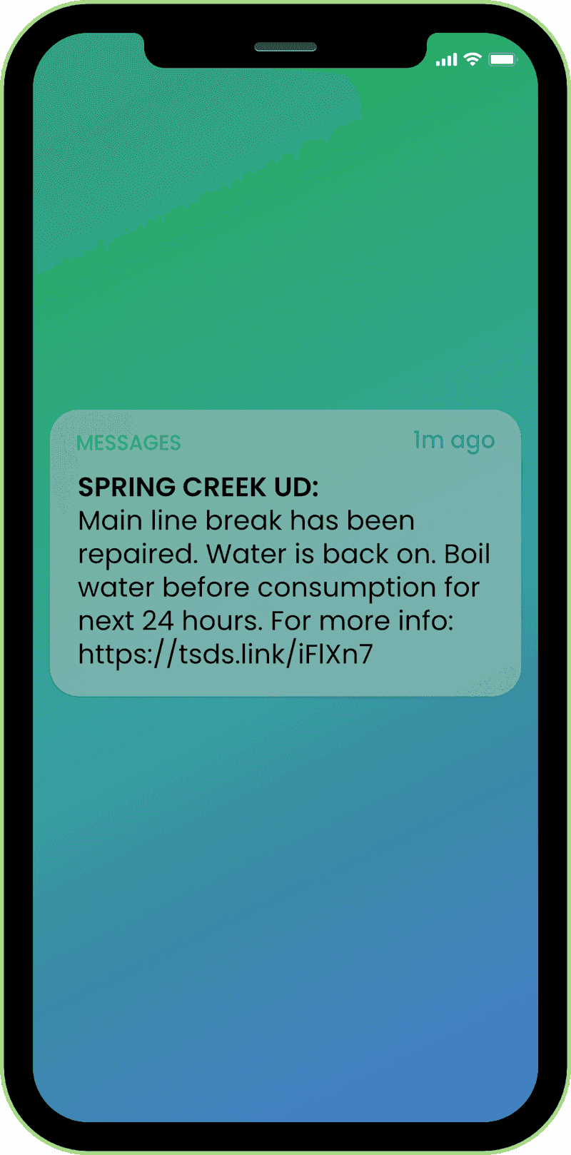 a cellphone showing an example text message regarding main line break